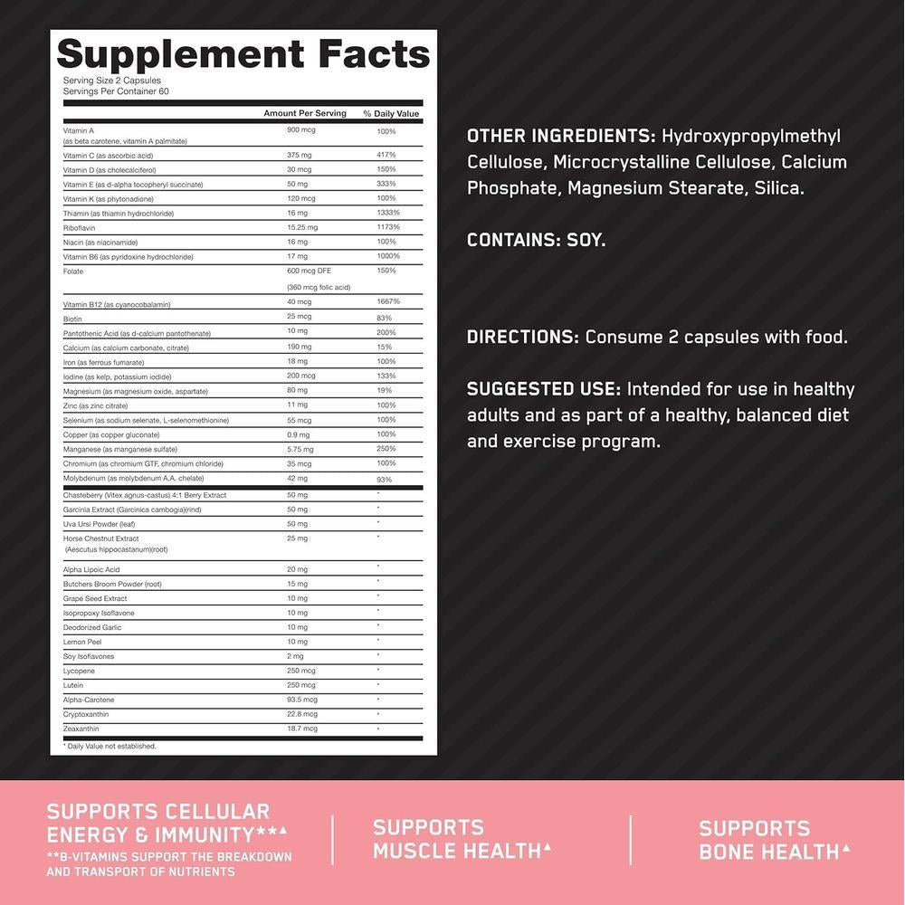 Multivitamínico para mujer, OPT1048/595/1501, 120 cápsulas, apoyo inmunitario y energético, 126.96 g