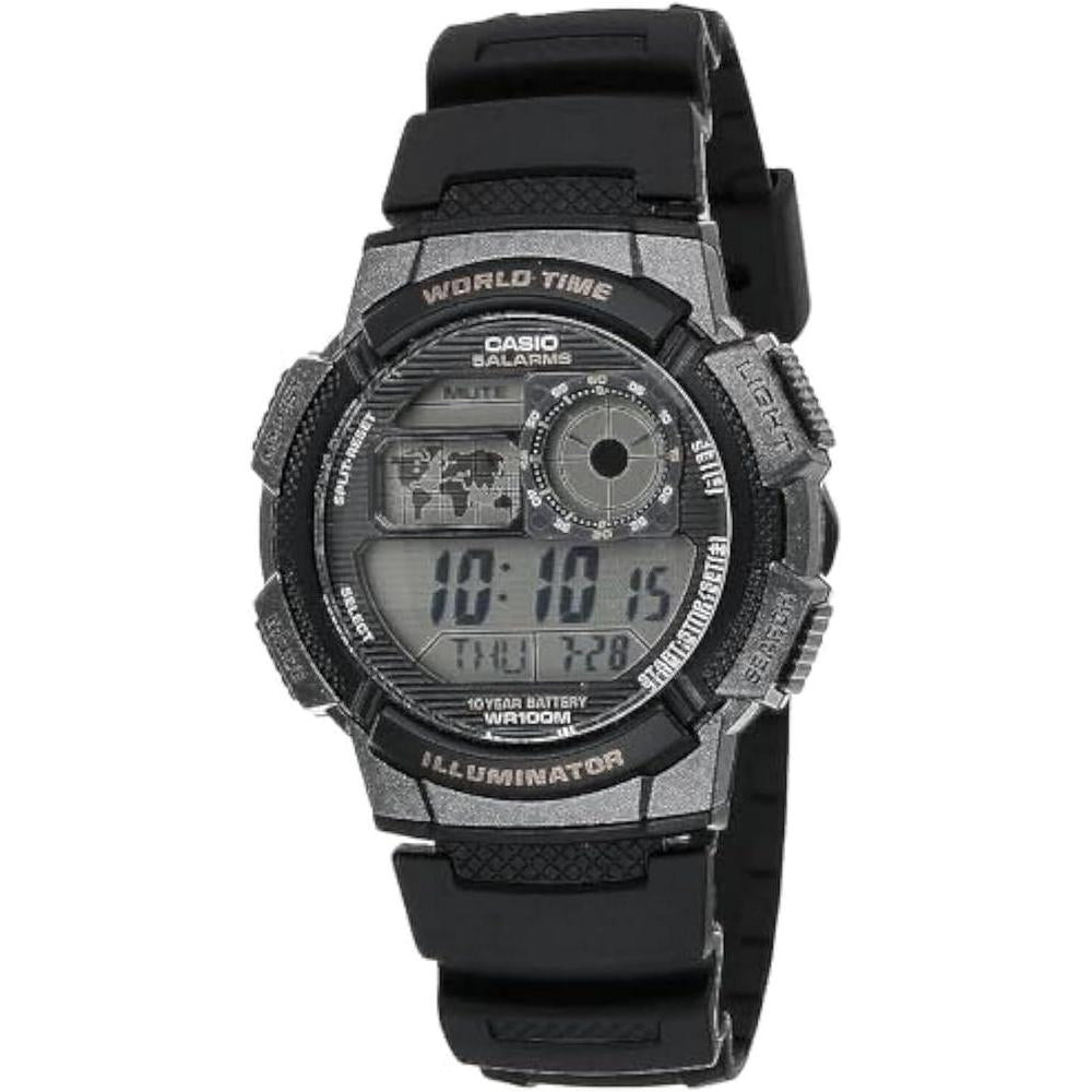 Casio AE1000W Series | Men’s Digital Watch | 100M WR | Multi Alarms | 100 SEC Stopwatch | Countdown Timer | World Map for World Time | LED Light | LC Analog Display | 10 Year Battery