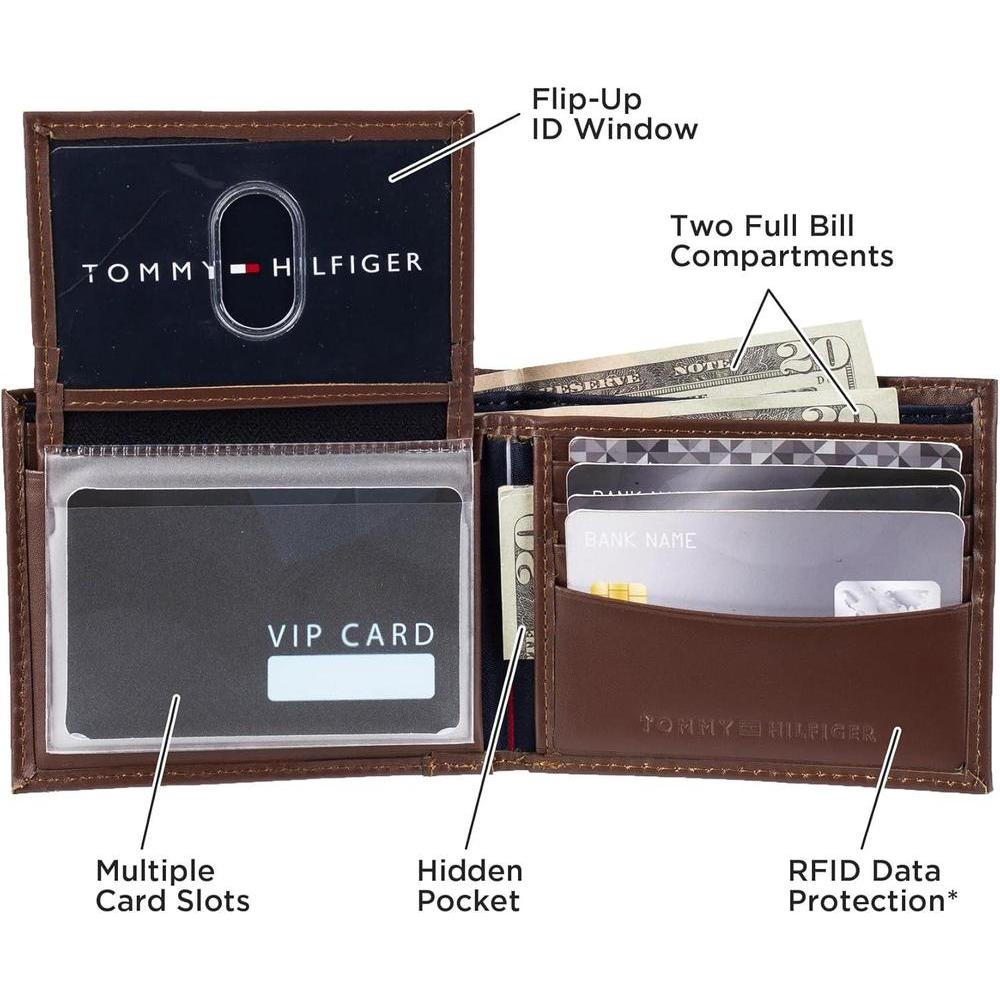 Cartera Tommy Hilfiger de piel auténtica para hombre, con ventana de identificación y múltiples ranuras para tarjetas