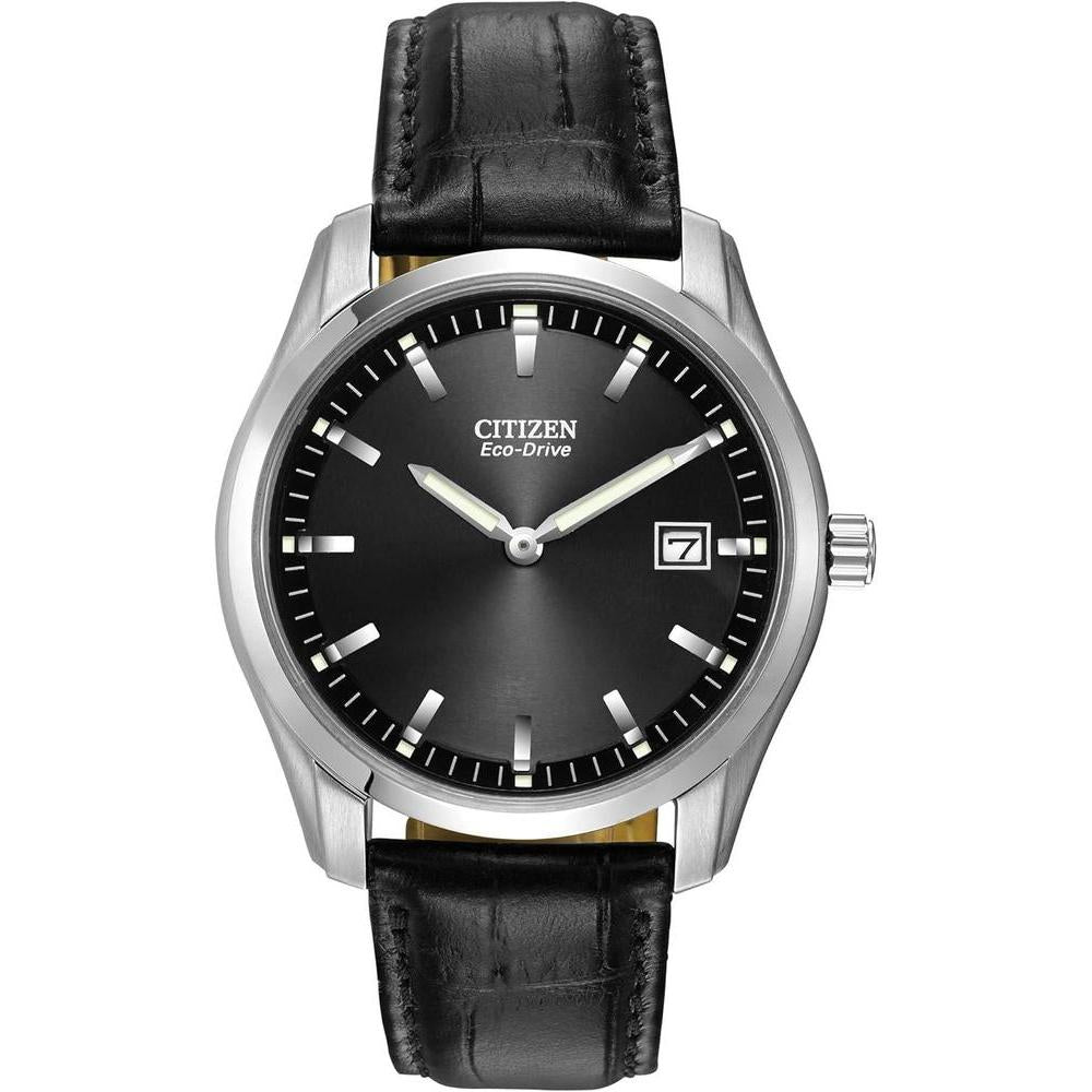 Citizen Men's Classic Eco-Drive Leather Strap Watch, Date, Luminous Hands and Markers, Black Dial, Black Strap/Stainless Steel