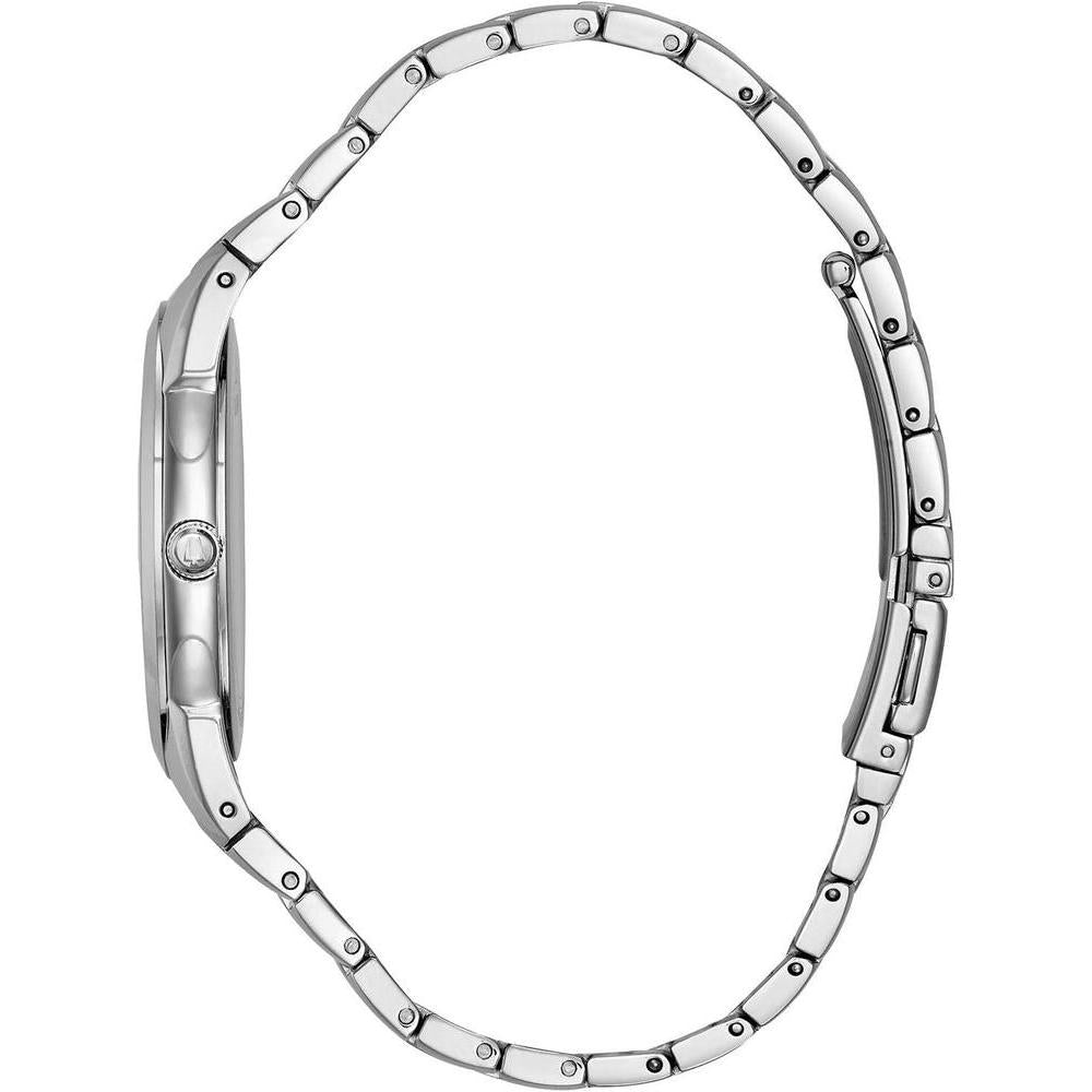 Reloj Bulova de cuarzo para hombre con esfera negra estampada y pulsera plateada de acero inoxidable