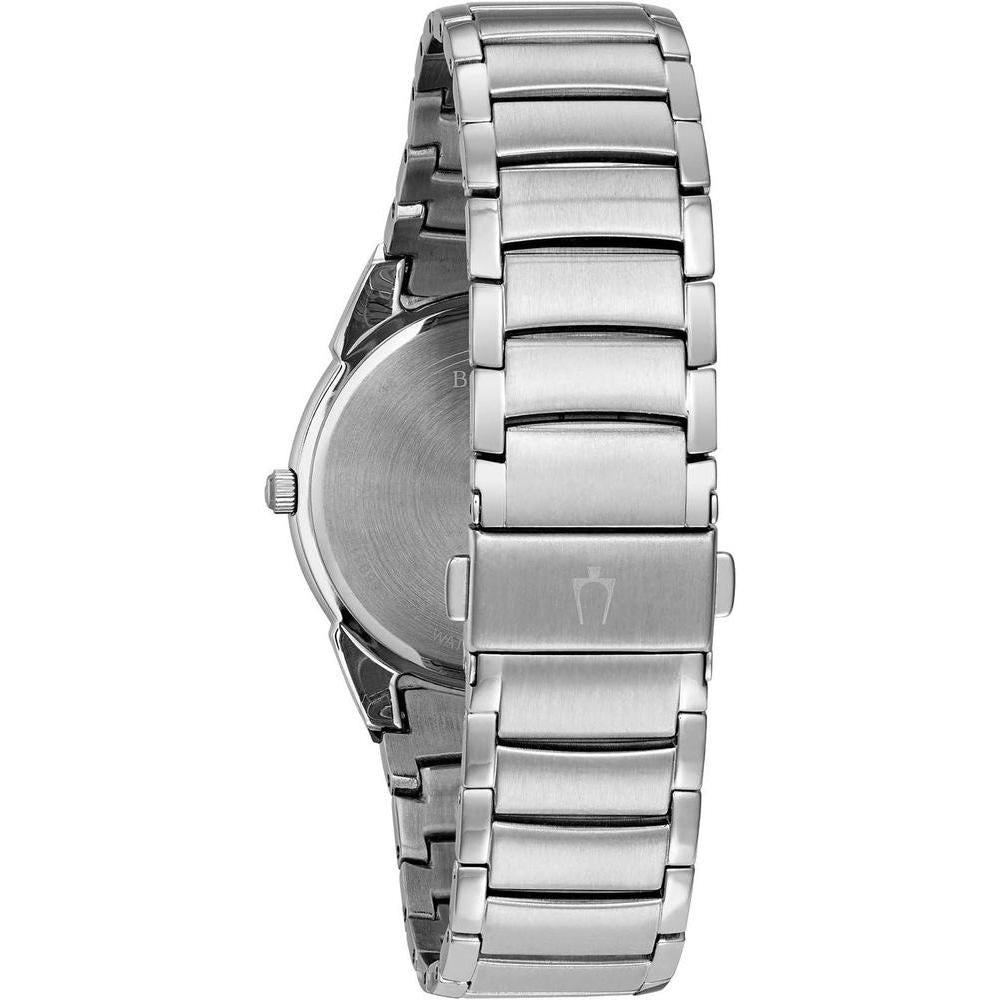 Reloj Bulova de cuarzo para hombre con esfera negra estampada y pulsera plateada de acero inoxidable