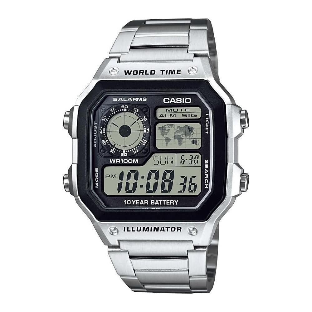 Casio AE1200WH Series | Men’s Digital Watch | 100M WR | Multi Alarms | 100 SEC Stopwatch | Countdown Timer | World Map for World Time | LED Light | LC Analog Display | 10 Year Battery