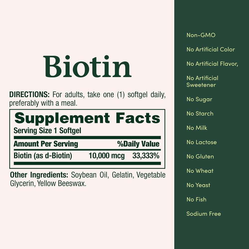 Nature's Bounty Biotina 10,000 mcg, apoya cabello, piel y uñas, cápsulas blandas, 120 unidades, sin GMO, gluten ni azúcar.
