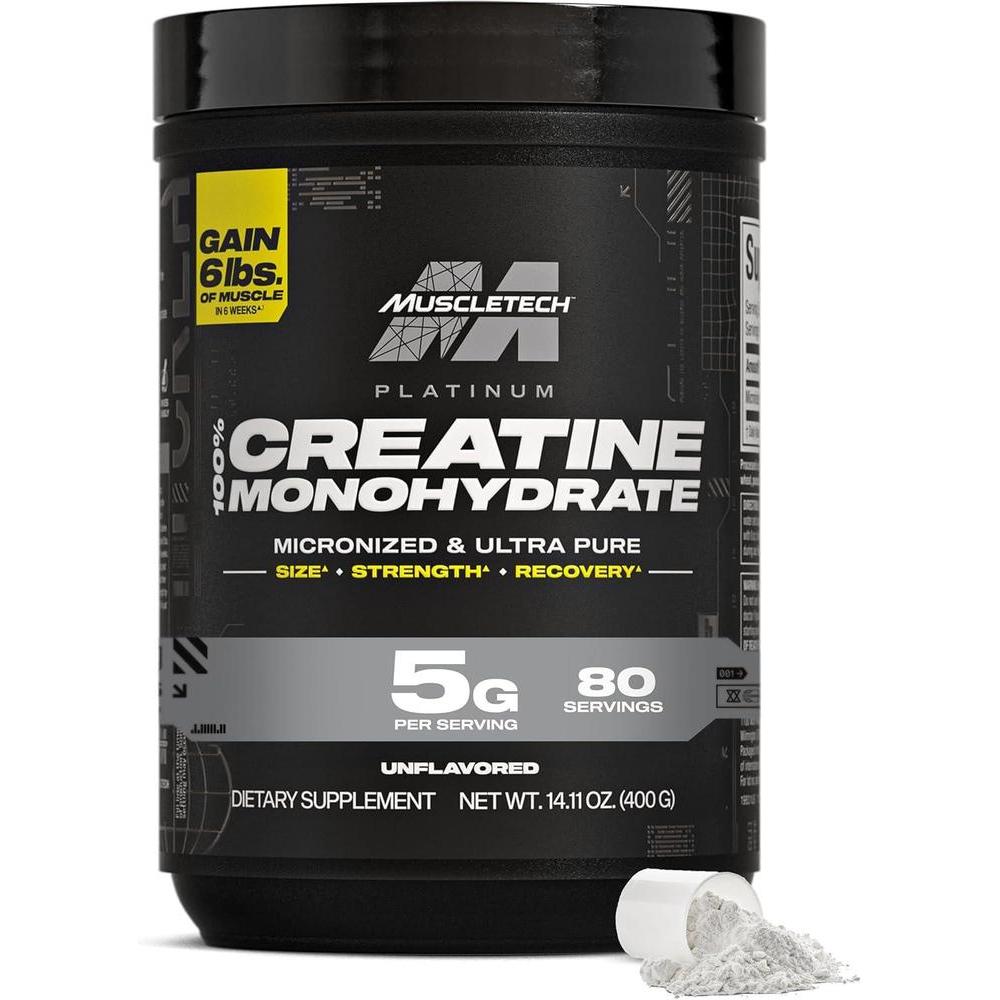 Creatine Monohydrate Powder MuscleTech Platinum Pure Micronized Muscle Recovery + Builder for Men & Women Workout Supplements Unflavored (80 Servings)