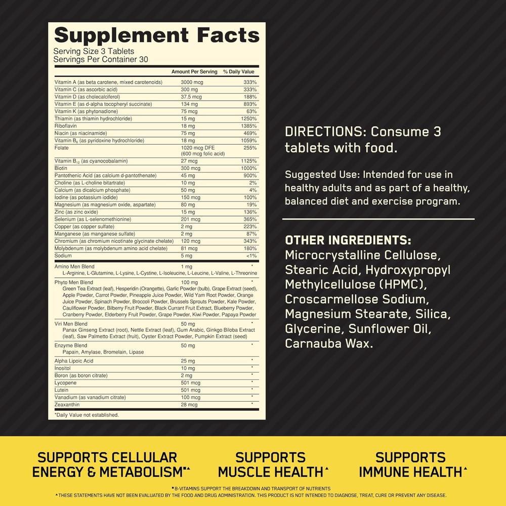 Optimum Nutrition Opti-Men, Vitaminas C, D, E, B12 y Zinc, apoyo inmunológico, multivitamínico diario, 90 unidades