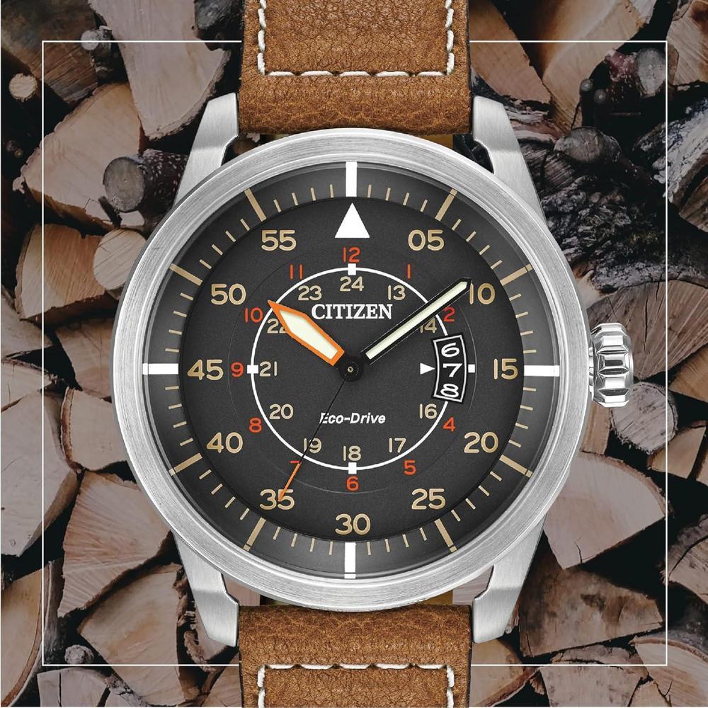 Citizen Reloj Eco-Drive para hombre en acero inoxidable, con correa de cuero marrón, modelo AW1361-10H con calendario y más