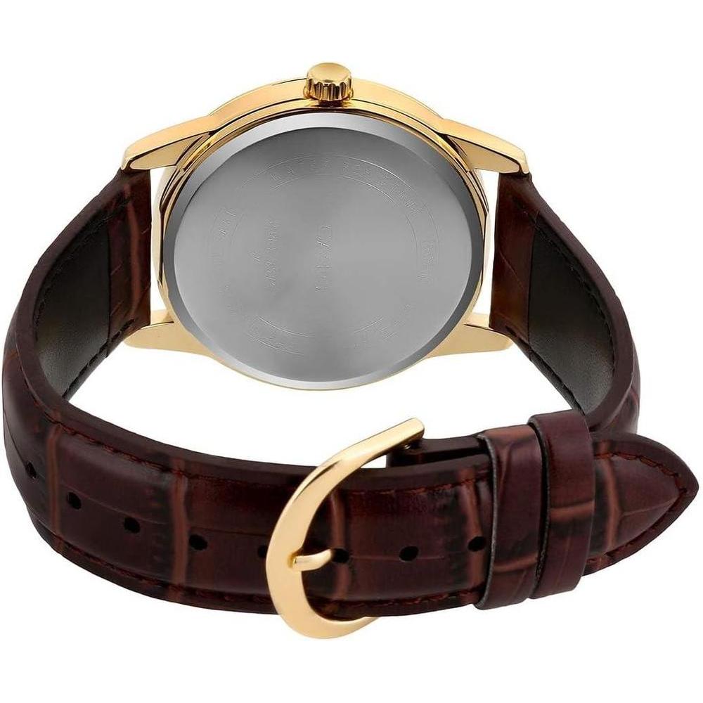 Casio Reloj de cuarzo de acero inoxidable para hombre, correa de cuero marrón, modelo EAW-MTP-V001GL-9B