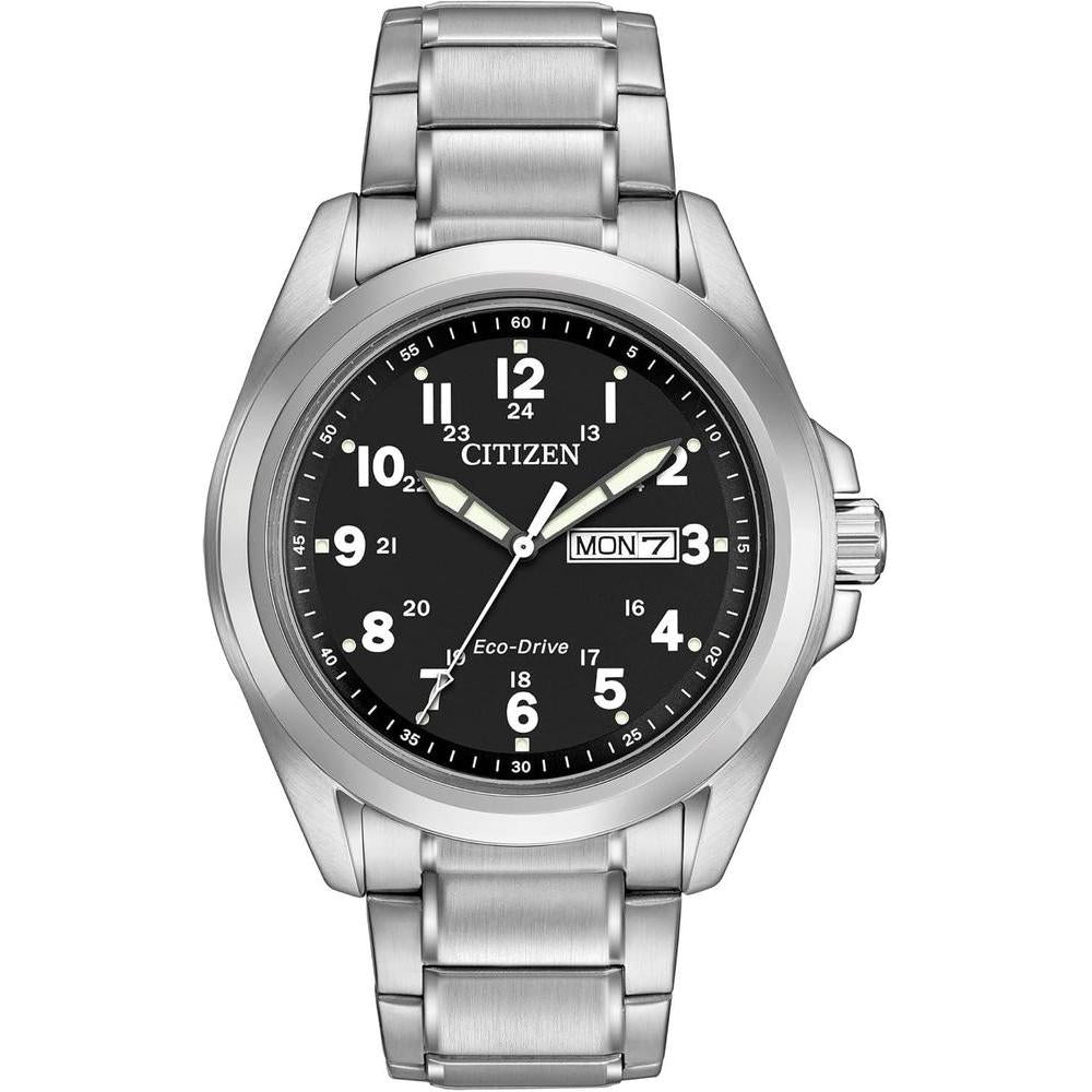 Citizen Men's Eco-Drive Weekender Garrison Field Watch in Stainless Steel, Black Dial, Arabic Markers, Luminous, 43mm (Model: AW0050-82E)