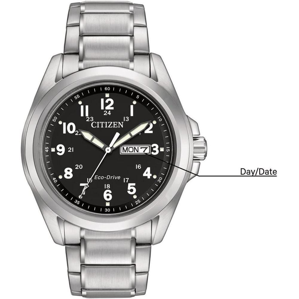 Citizen - Reloj de acero inoxidable con tecnología Eco-Drive, resistente al agua y calendarío día-fecha, modelo AW0050-82E, plateado