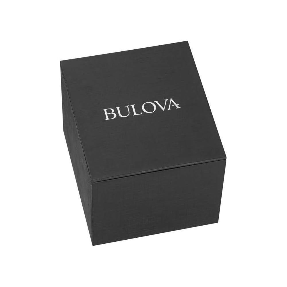 Bulova reloj de cuarzo de acero inoxidable y piel negra, diseño elegante con caja azul y funciones de calendario