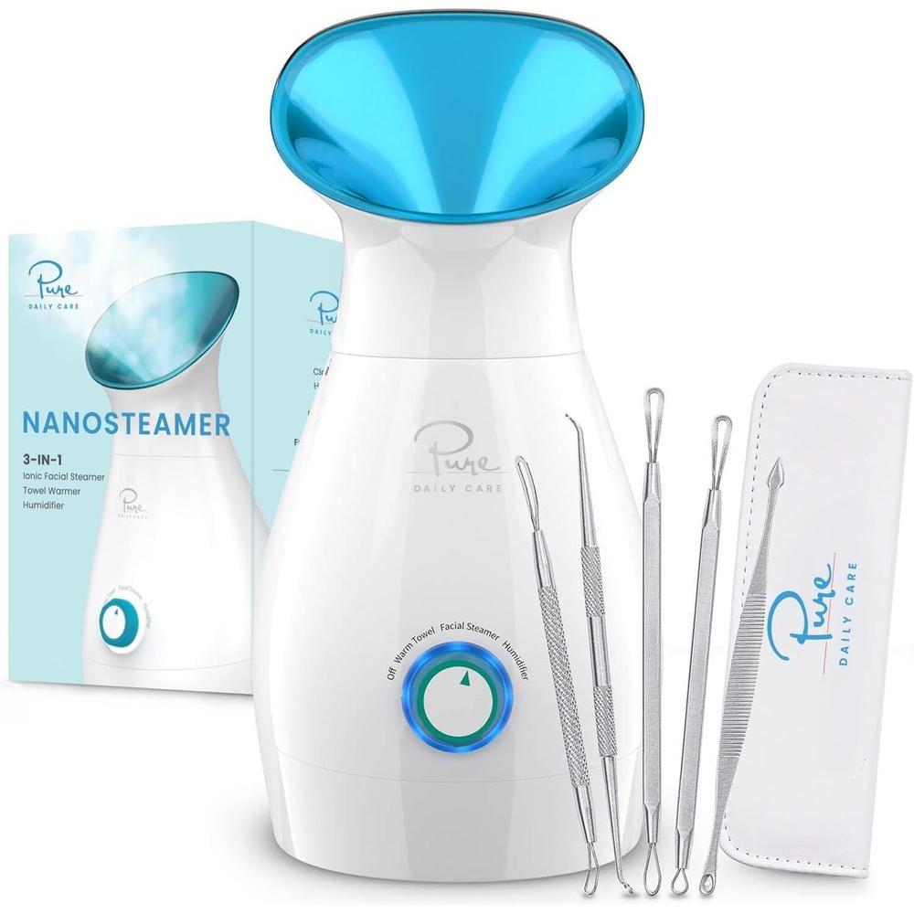 Pure Daily Care NanoSteamer Grande 3 en 1 Vaporizador Facial Nano Iónico con Control Preciso de Temperatura - Humidificador - Desobstruye los Poros - Puntos Negros - Calidad de Spa - Kit Adicional de