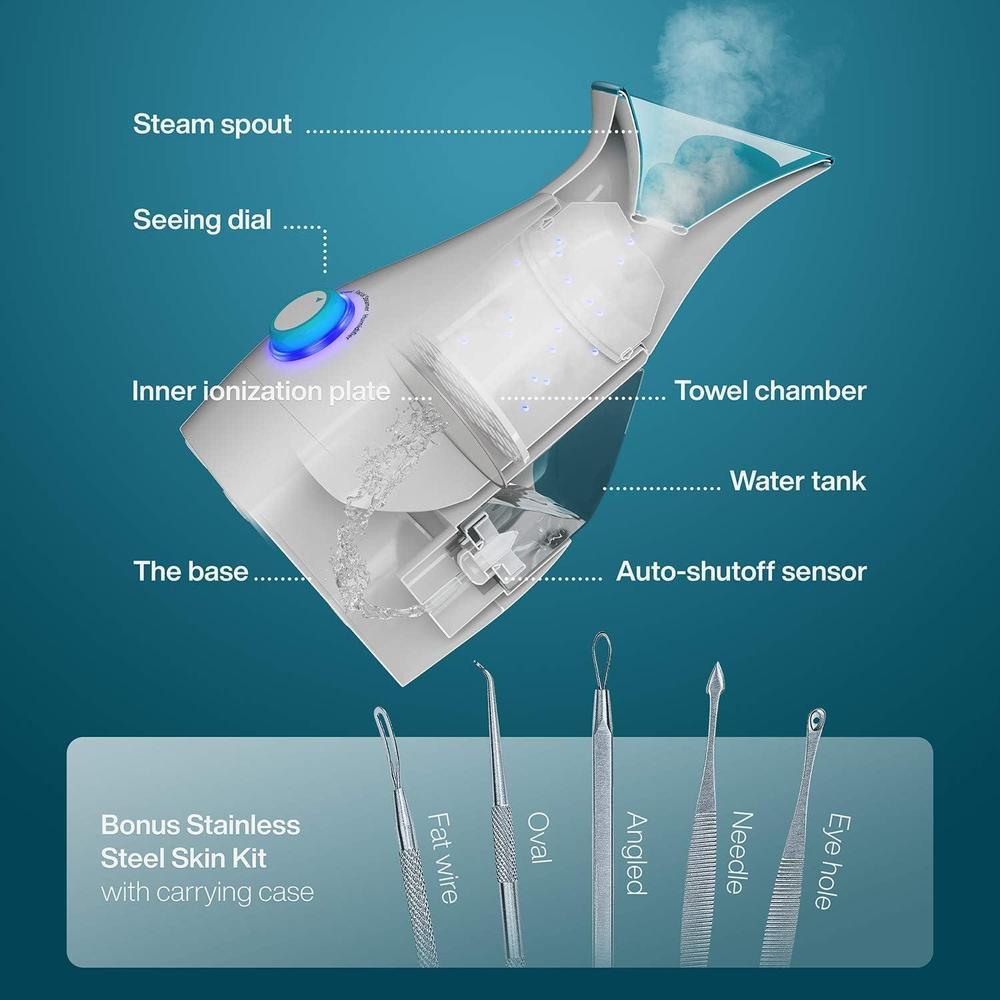 Pure Daily Care NanoSteamer Grande 3 en 1 Vaporizador Facial Nano Iónico con Control de Temperatura, Humidificador y Kit Adicional