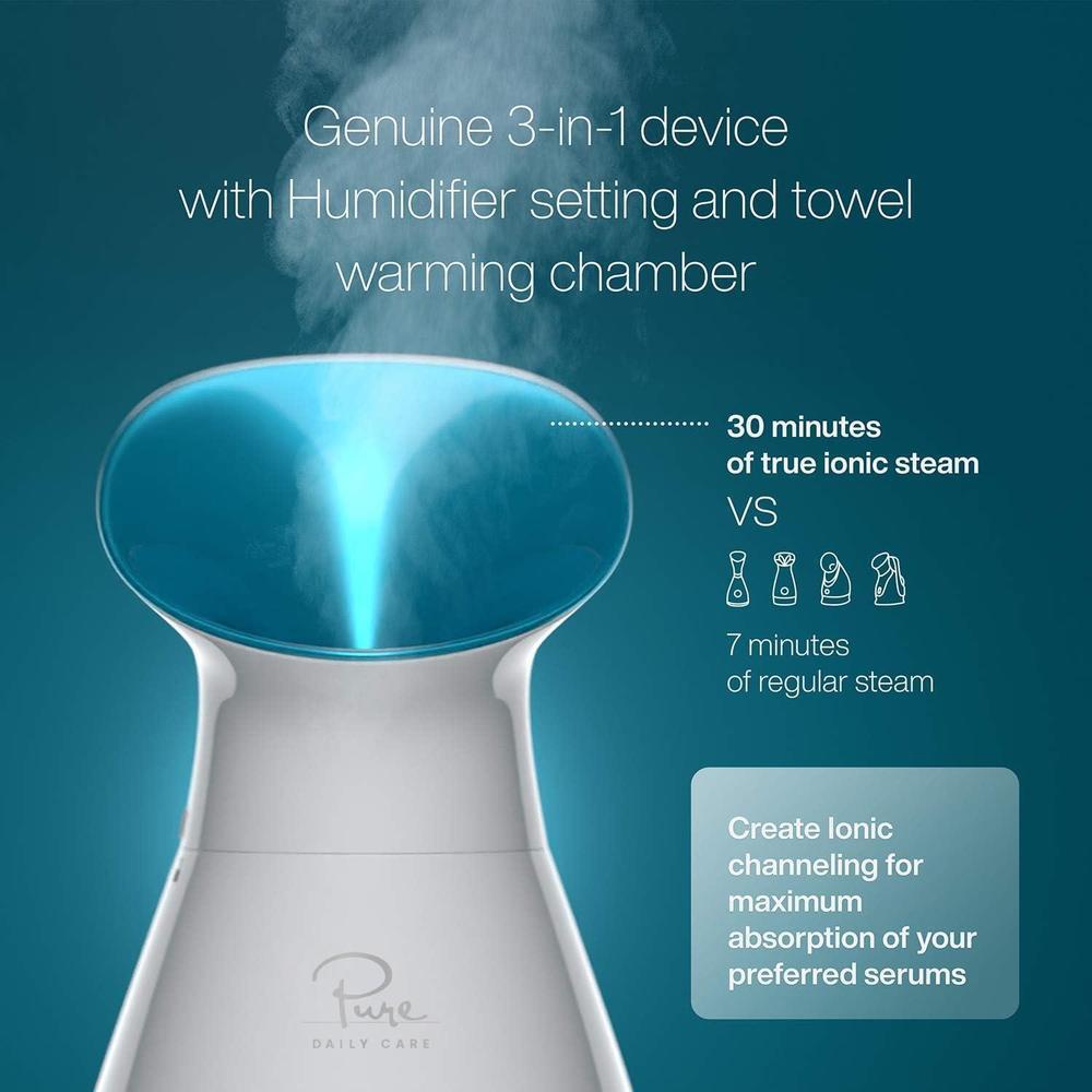 Pure Daily Care NanoSteamer Grande 3 en 1 Vaporizador Facial Nano Iónico con Control de Temperatura, Humidificador y Kit Adicional