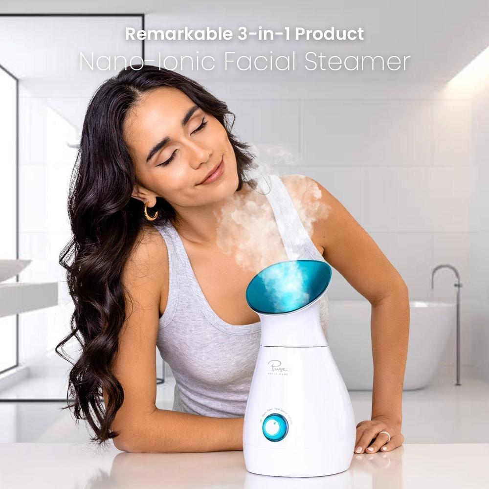 Pure Daily Care NanoSteamer Grande 3 en 1 Vaporizador Facial Nano Iónico con Control de Temperatura, Humidificador y Kit Adicional