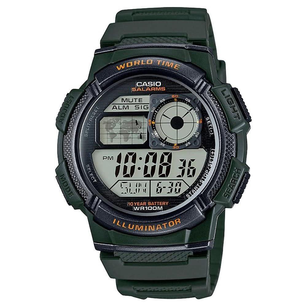 Casio AE1000W Series | Men’s Digital Watch | 100M WR | Multi Alarms | 100 SEC Stopwatch | Countdown Timer | World Map for World Time | LED Light | LC Analog Display | 10 Year Battery