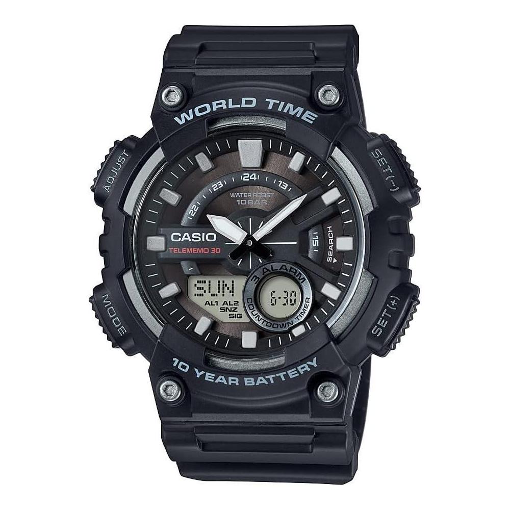 Casio AEQ110BW Series | Men’s Analog-Digital Watch |100M WR | Multi Alarms | 100 SEC Stopwatch | Countdown Timer | World Map for World Time | LED Light | LC Display | 10 Year Battery