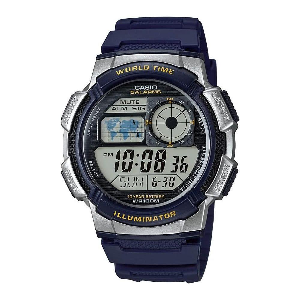 Casio AE1000W Series | Men’s Digital Watch | 100M WR | Multi Alarms | 100 SEC Stopwatch | Countdown Timer | World Map for World Time | LED Light | LC Analog Display | 10 Year Battery