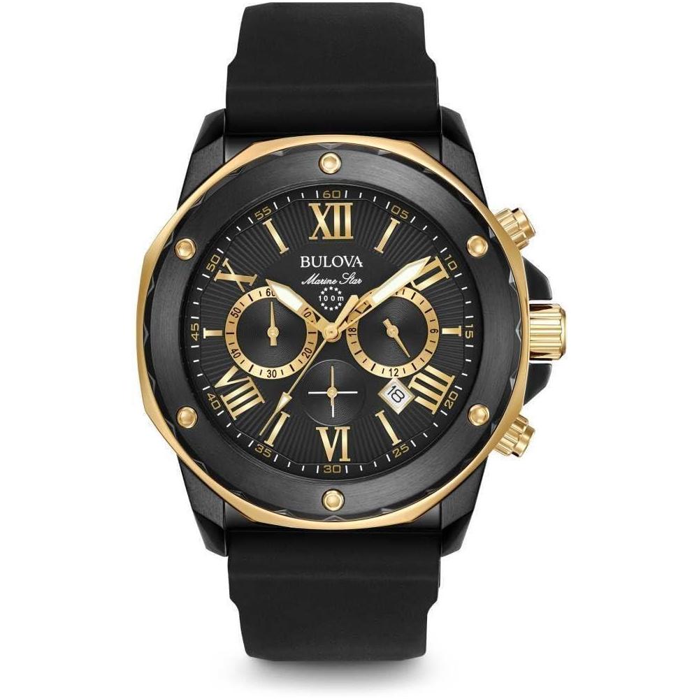 Bulova Men's Marine Star Series A Black and Rose Gold Ion-Plated Stainless Steel 6-Hand Chronograph Quartz Watch, Black Silicone Strap Style: 98B278