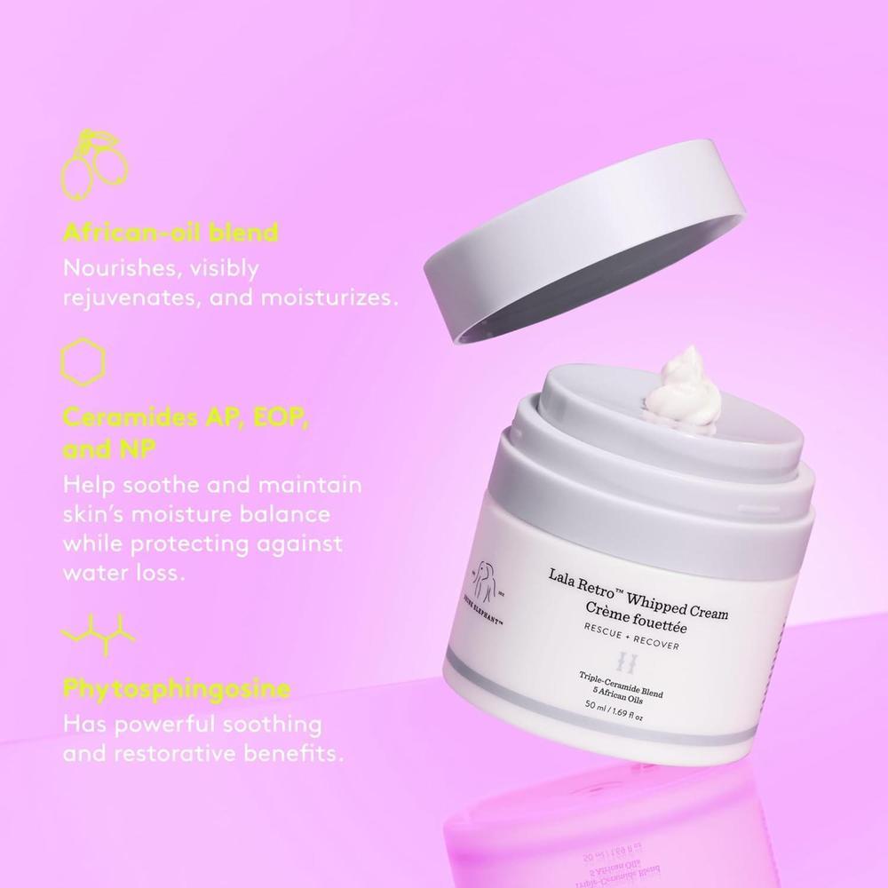 Drunk Elephant Lala Retro Whipped Cream, crema hidratante con ceramidas, sin aceites esenciales ni siliconas, testada dermatológicamente