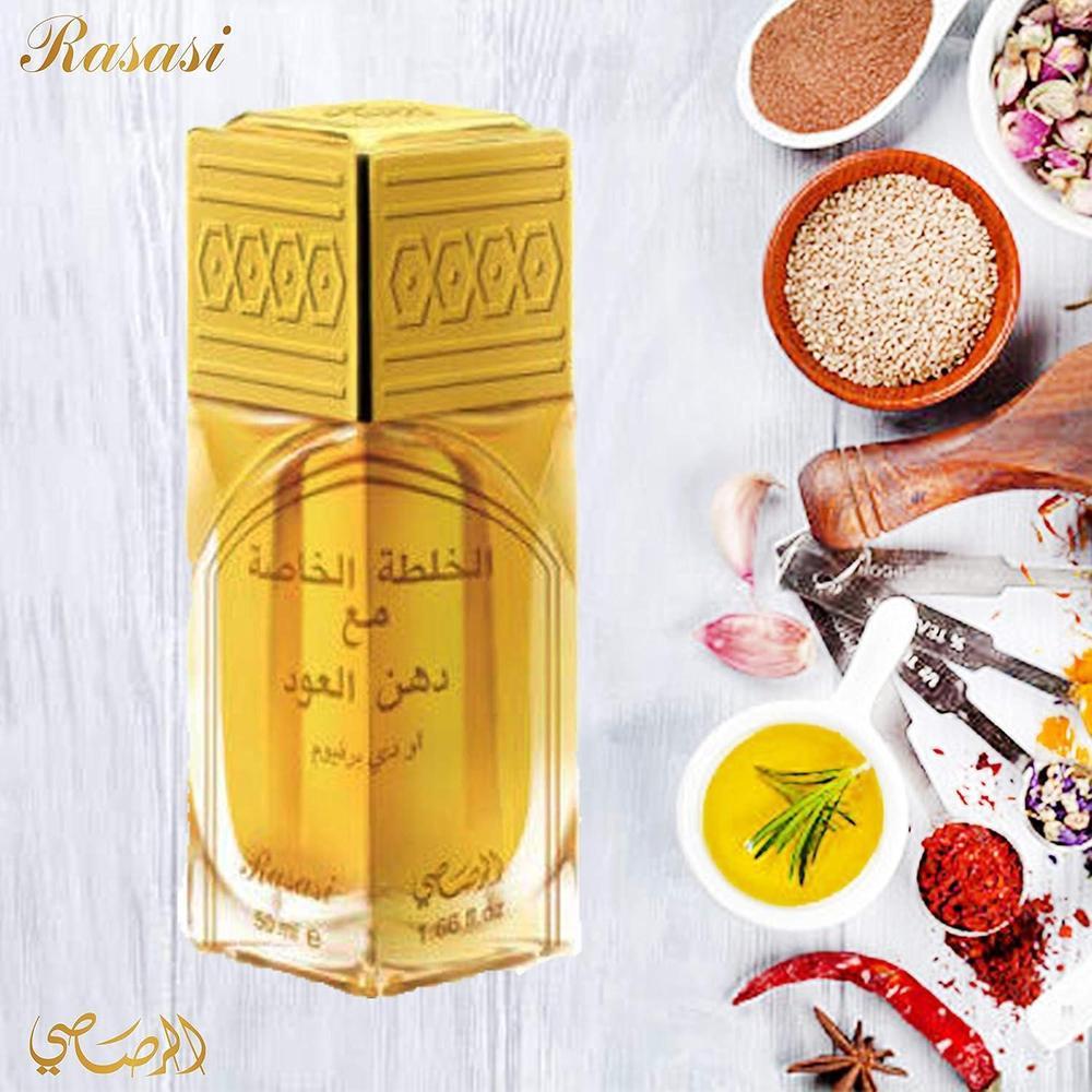Rasasi Khaltat Al Khasa Ma Dhan Al Oudh Eau de Parfum en spray unisex, fragancia ámbar especial de larga duración
