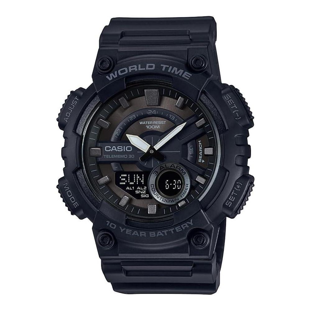 Casio AEQ110BW Series | Men’s Analog-Digital Watch |100M WR | Multi Alarms | 100 SEC Stopwatch | Countdown Timer | World Map for World Time | LED Light | LC Display | 10 Year Battery