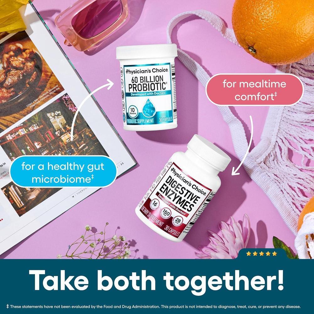 Probióticos Physician's CHOICE, 60 mil millones UFC, 10 cepas y prebióticos orgánicos para salud digestiva, intestinal e inmunológica