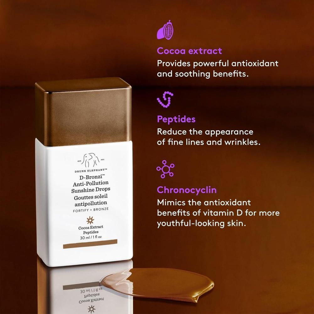 Drunk Elephant D-Bronzi Sunshine Drops: Suero Bronceador Facial, Seguro y Efectivo, Libre de Aceites, Fragancias 30ml
