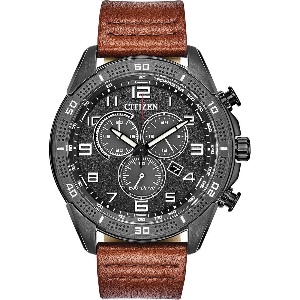 Citizen Men's Eco-Drive Weekender Chronograph Watch in Black IP Stainless Steel with Brown Leather strap, Black Dial (Model: AT2447-01E)