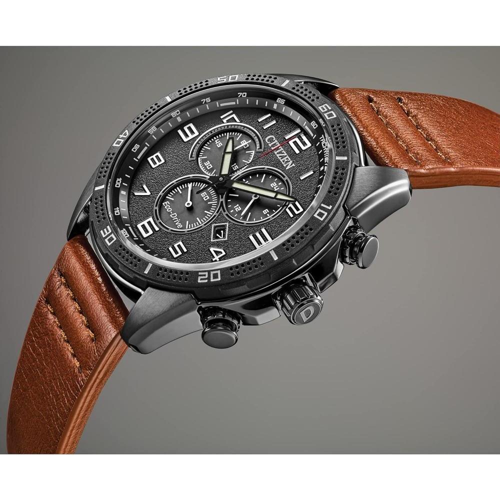 Reloj cronógrafo Citizen Eco-Drive para hombre, acero inoxidable IP negro, correa de cuero marrón, esfera negra