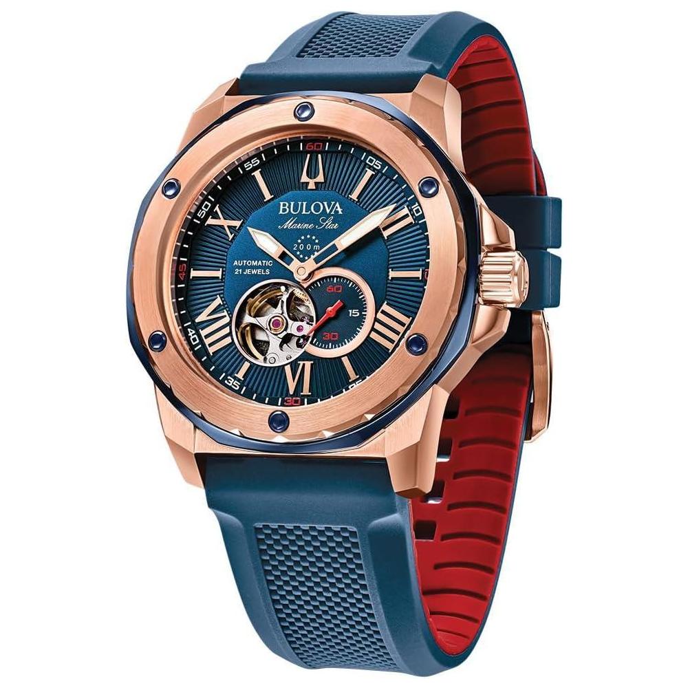 Bulova Reloj Automático Marine Star Esfera Azul para Hombre con Acabado Oro Rosa