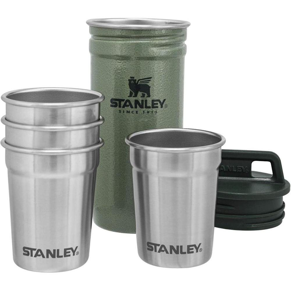 Stanley Adventure Nesting Shot Glass Set, 4 Stainless Steel Shot Glasses with Rugged Metal Travel Carry Case, Camping Gifts, Hammertone Green, 2oz