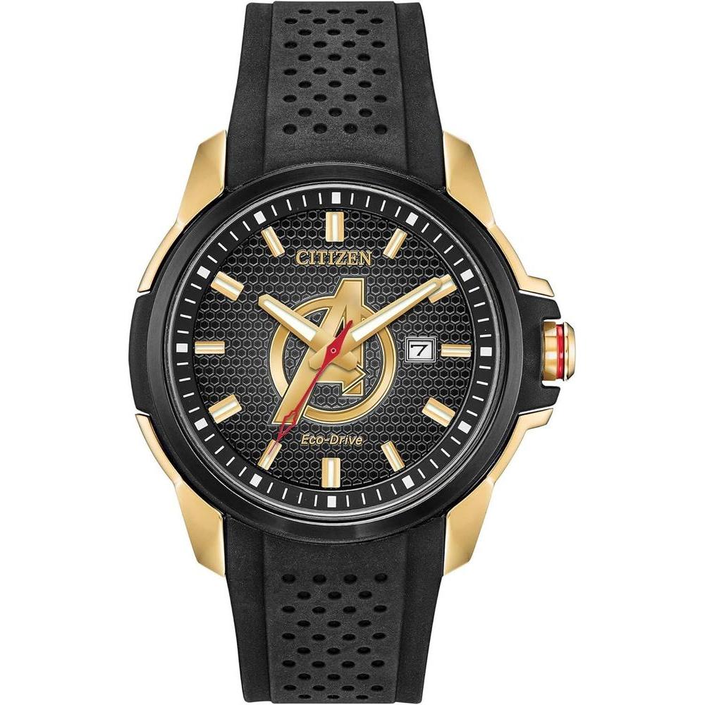 Citizen Men's Eco-Drive Marvel Avengers Watch, Gold Tone with Black Silicone Strap, 3-Hand Date, 44mm (Model: AW1155-03W)