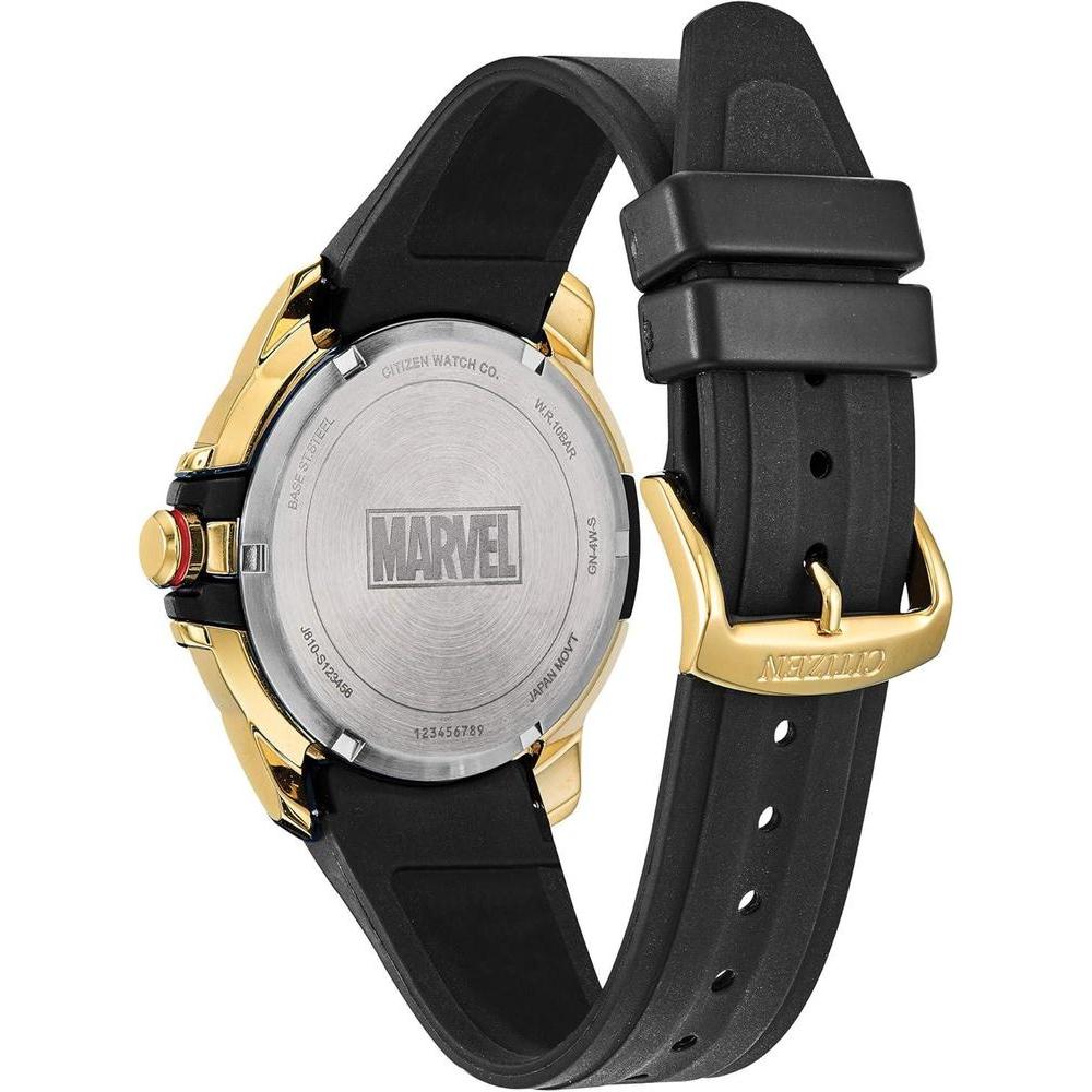 Citizen Reloj Eco-Drive Marvel Avengers para hombre, tono dorado con correa de silicona negra y ventana de calendario