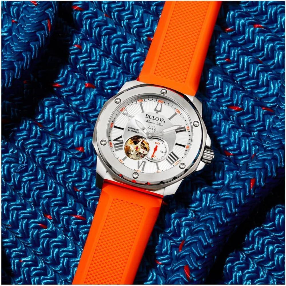 Bulova Marine Star 'Series A' Reloj automático para hombre con correa naranja de silicona, estilo moderno y resistente al agua