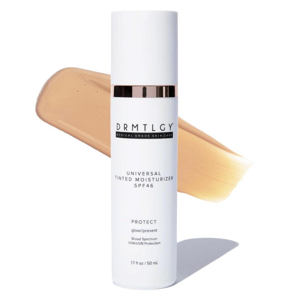DRMTLGY Crema hidratante teñida antienvejecimiento SPF 46 – Protector solar facial transparente y maquillaje ligero con protección UV de amplio espectro – Cuidado hidratante de la piel e hidratante