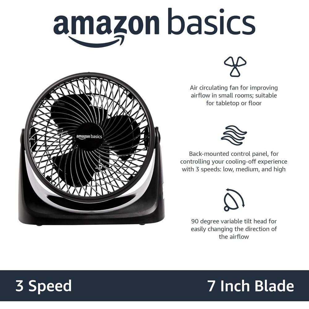 Ventilador Amazon Basics negro, incl. ajustable, 3 velocidades, portátil y eficiente. Ideal para mesas y escritorios