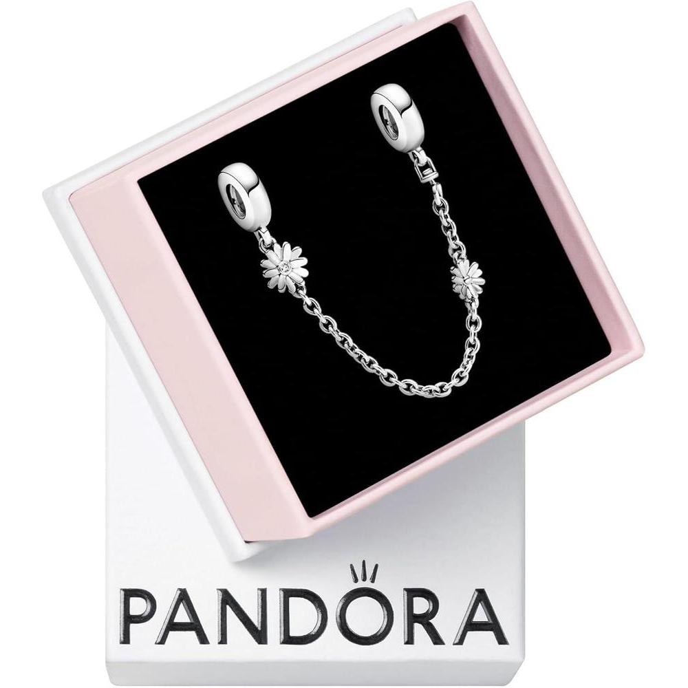 PANDORA Daisy Flower Safety Chain Charm - Compatible Moments Bracelets - Jewelry for Women - Gift for Women in Your Life - Made with Sterling Silver & Cubic Zirconia, No Box