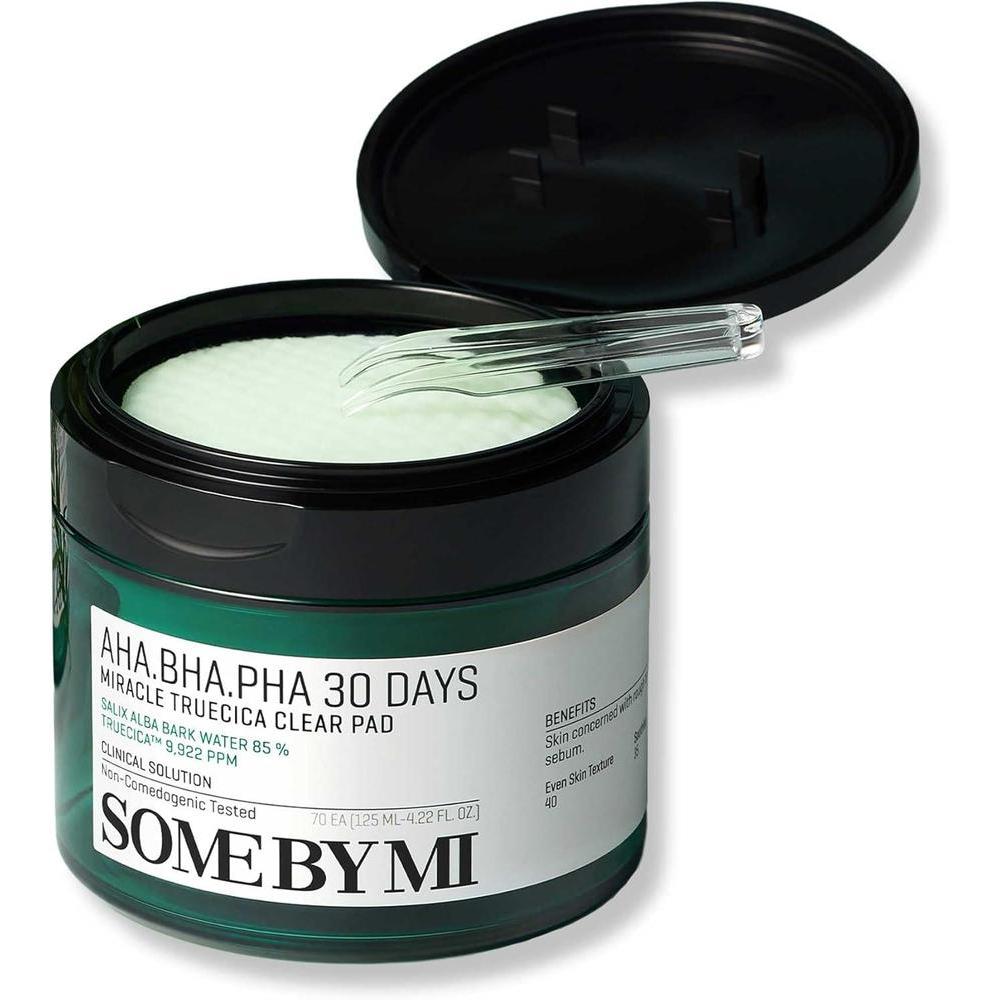 SOME BY MI AHA BHA PHA 30 Days Miracle Truecica Clear Pad - 70 almohadillas - Almohadillas de tóner facial centella exfoliante coreano - Limpia suavemente las impurezas, refina los poros y suaviza la textura de la piel - Cuidado de la piel coreano
