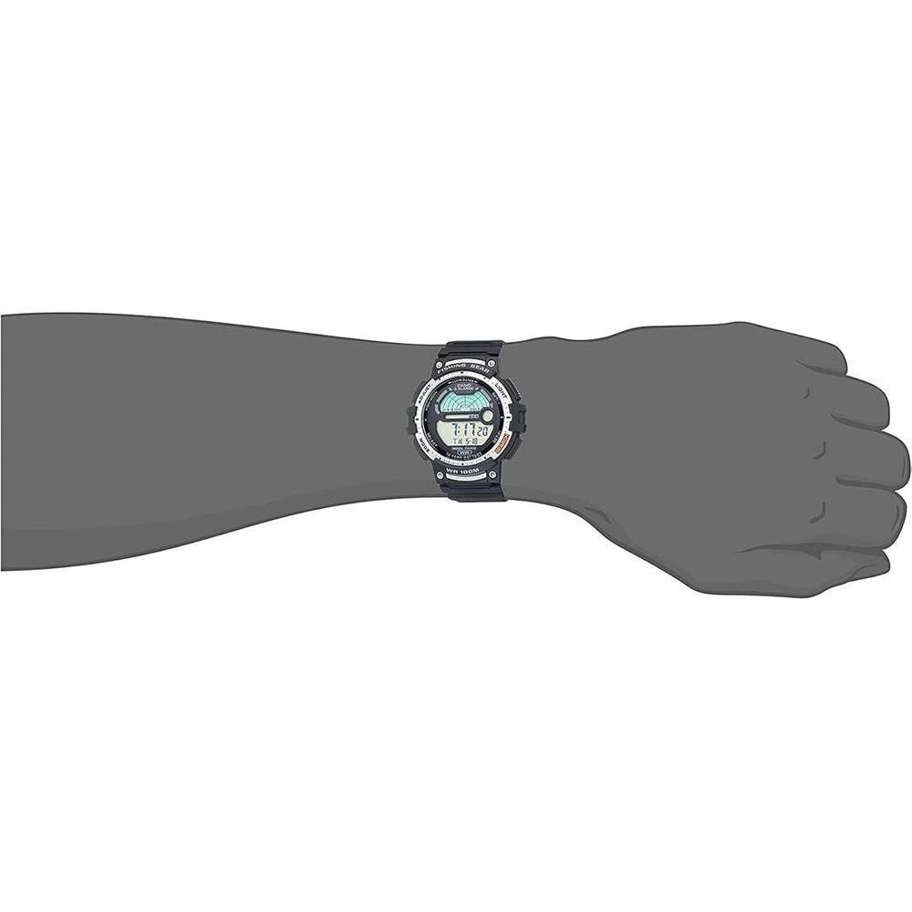 Reloj Casio para pesca con temporizador, luz LED, resistente al agua y datos de luna. Ideal para actividades acuáticas
