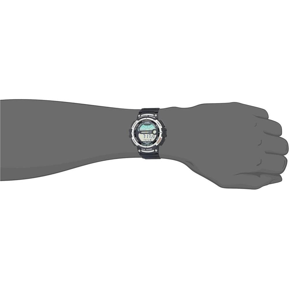 Reloj Casio para pesca con temporizador, luz LED, resistente al agua y datos de luna. Ideal para actividades acuáticas