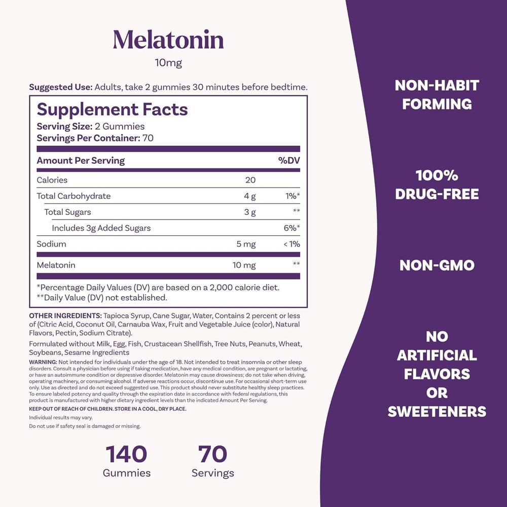 Gomitas de melatonina Natrol para adultos con 10 mg, sabor fresa, 140 unidades para apoyo al sueño hasta 70 días