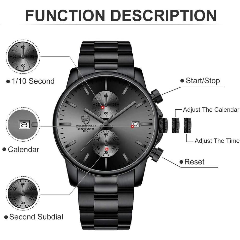Reloj cronógrafo para hombre GOLDEN HOUR, acero inoxidable, resistente al agua, movimiento de cuarzo y fecha automática