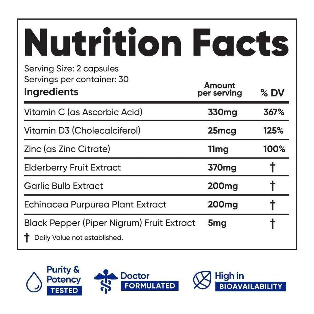 Immuneti - Defensa inmune avanzada, mezcla 6 en 1 con vitamina C, vitamina D3, zinc, saúco, ajo y equinácea