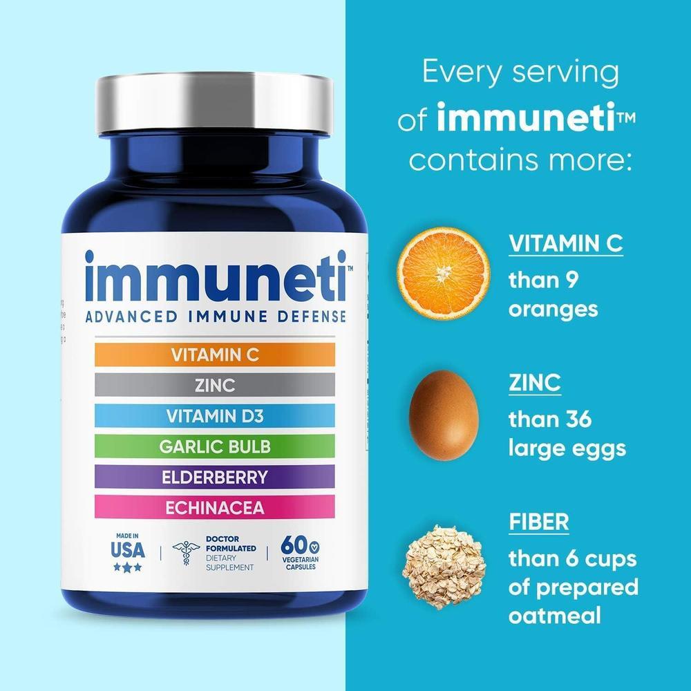 Immuneti - Defensa inmune avanzada, mezcla 6 en 1 con vitamina C, vitamina D3, zinc, saúco, ajo y equinácea