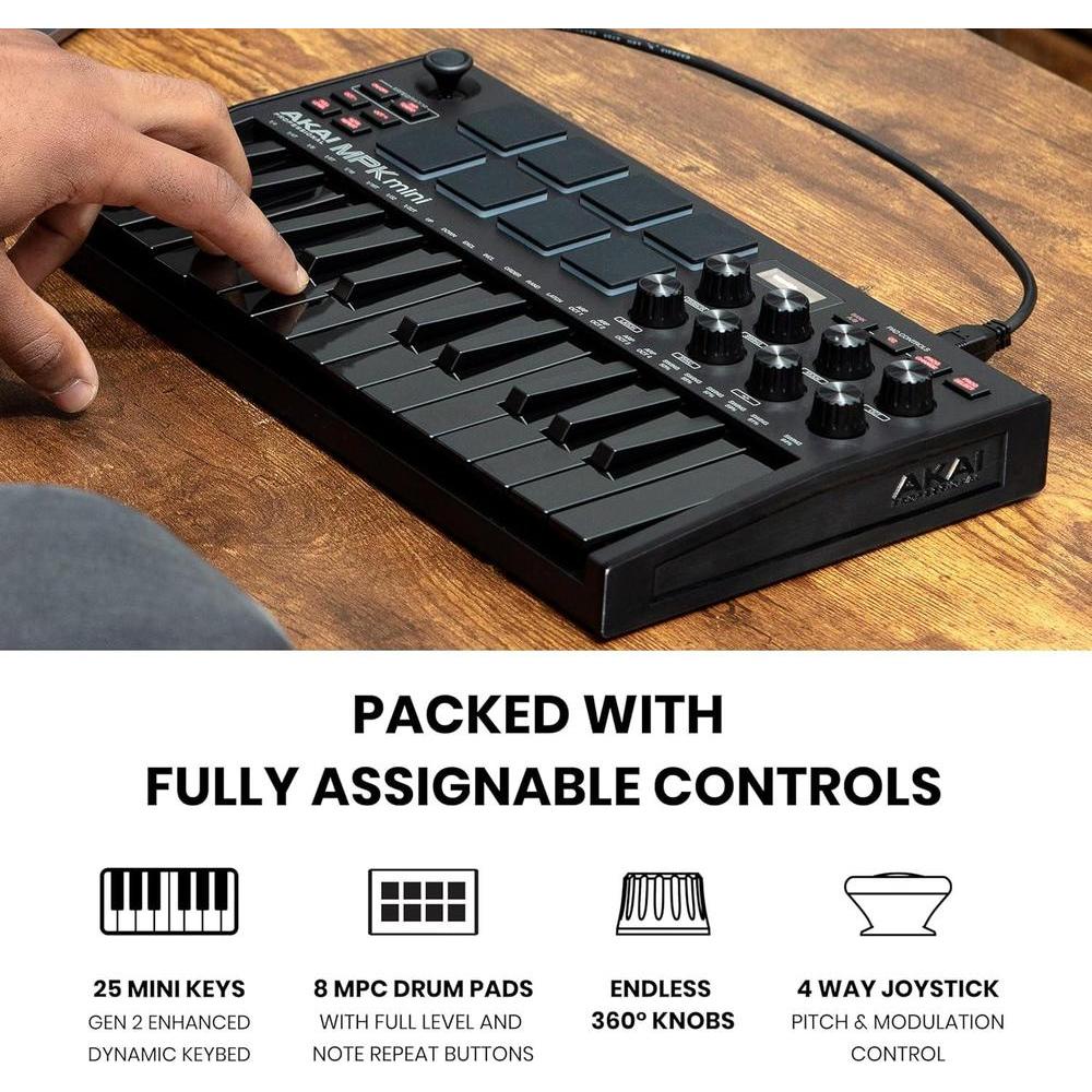 AKAI Professional MPK Mini MK3: Controlador MIDI USB de 25 teclas con 8 almohadillas, botones y software incluido (negro)