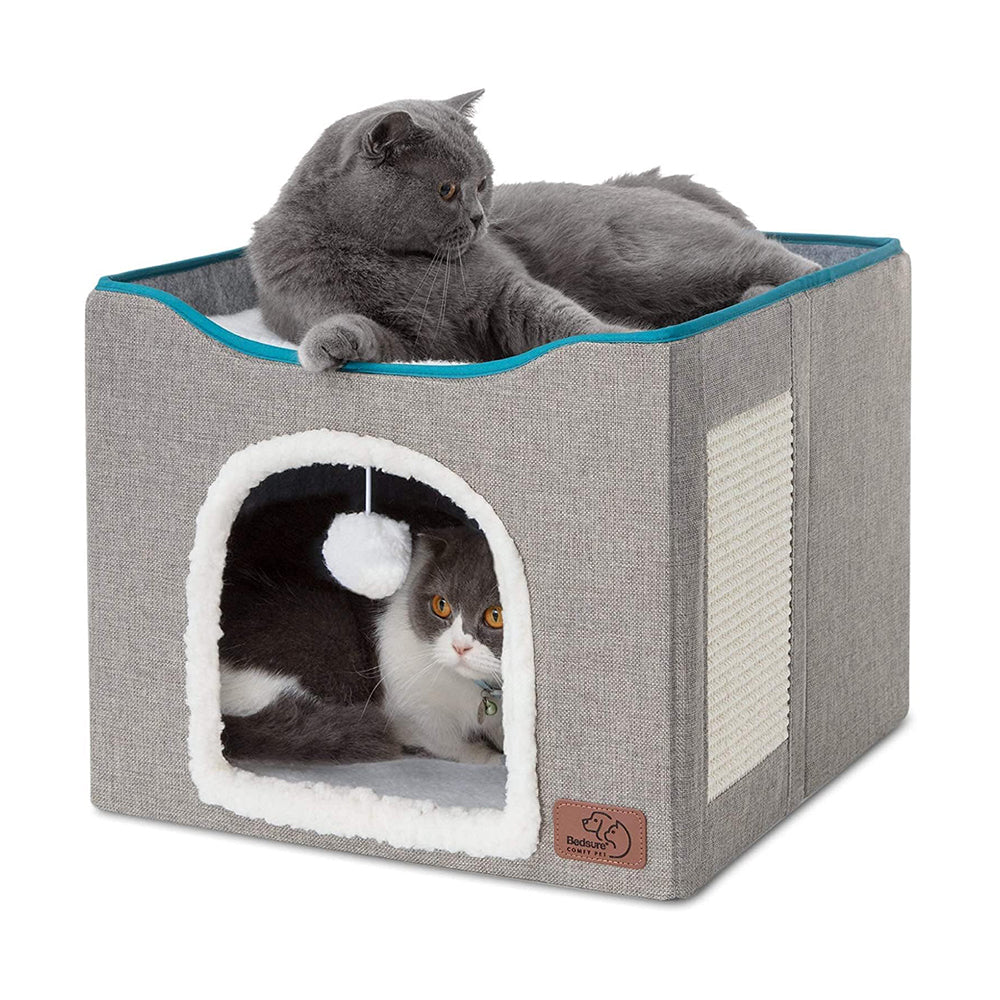 Bedsure - Camas de gato para gatos de interior, cueva grande para gatos, casa de gatos con bola esponjosa para colgar y almohadilla para arañazos, escondite plegable para gato, 16.5x16.5x14 pulgadas, gris