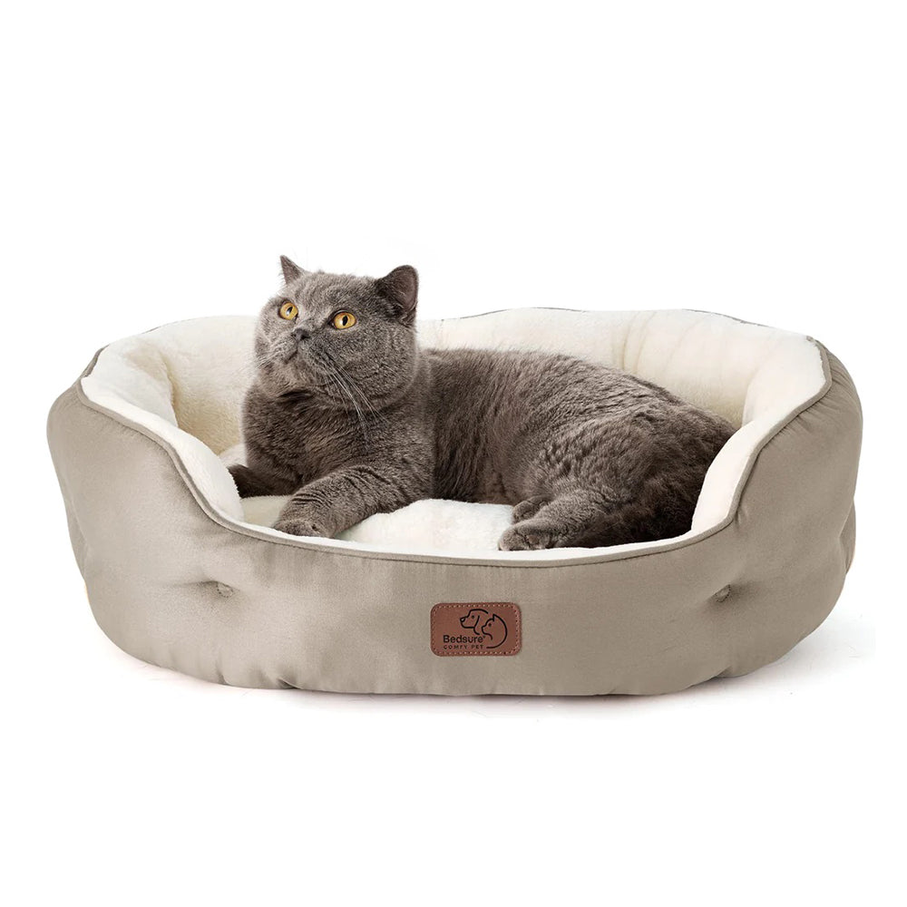 Bedsure - Cama lavable para perros pequeños, camas redondas para gatos de interior, cama redonda para cachorros y gatitos con parte inferior antideslizante, color camello, 20 pulgadas
