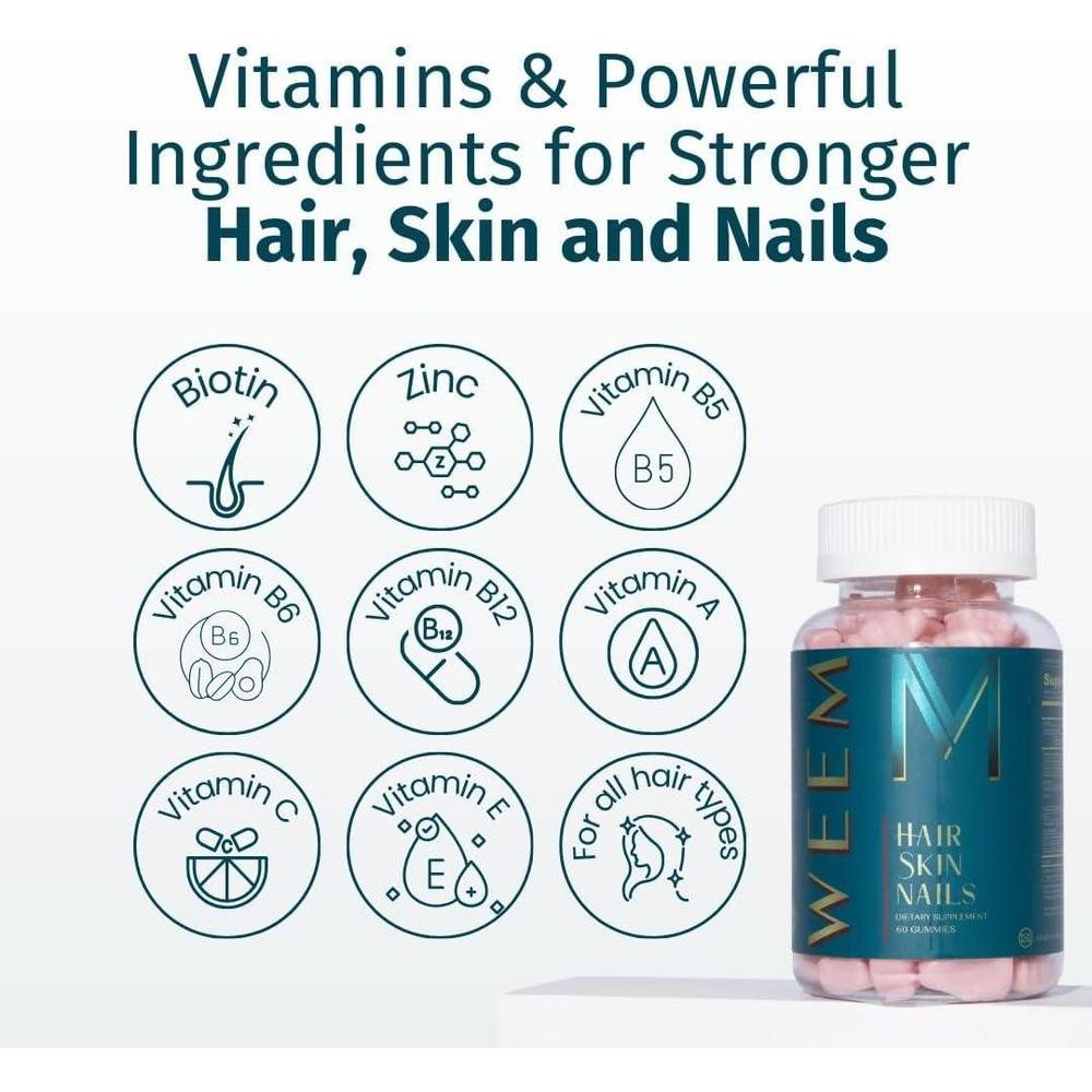 WEEM Gomitas veganas con biotina para cabello,salud de uñas y piel. Nutrición con vitaminas esenciales para fortalecer y revitalizar