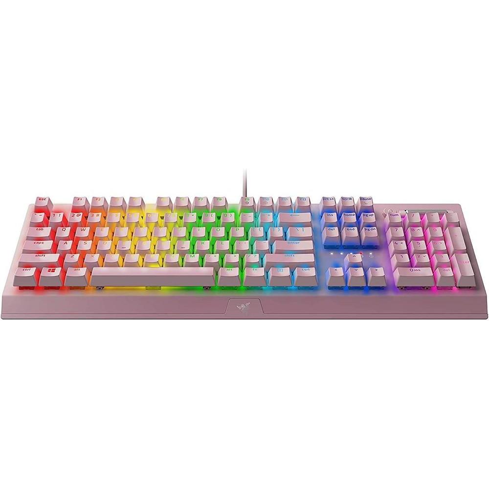 Teclado mecánico Razer BlackWidow V3 con teclas verdes táctiles y sonoras, iluminación RGB Chroma, funciones macro, color cuarzo rosa